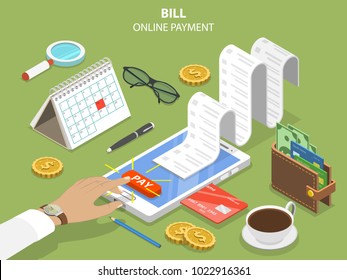 Bills online payment flat isometric vector concept of mobile payment, shoping, banking.