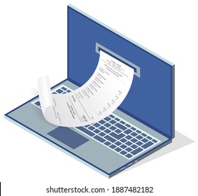 Bills online payment flat isometric vector concept of mobile payment, shoping, banking isolated on white. A paper check sticks out of a laptop screen. Electronic notification of invoice payment