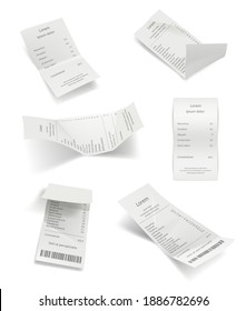 Bills receipt. Print paper financial orders commercial billing items decent realistic vector collection