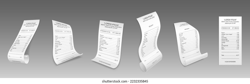 Bills, receipts, paper cheques, purchase invoices. Supermarket shopping retail sum check and total cost store sale payment thermal documents isolated mockup, Realistic 3d vector illustration, set