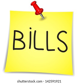 Bills  Word on a Note Paper with pin on white background