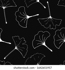 Biloba plant leaf seamless pattern. White sketch on a dark, black background.
