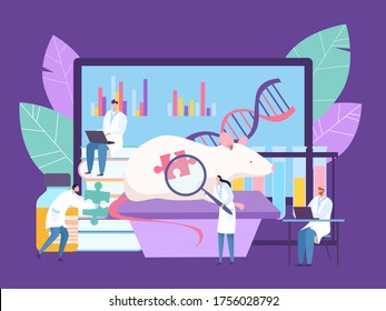 Bilogical genetic engineering research at laboratory, vector illustration. Doctor conduct experiment with mouse, study dna genes. Scientist near large animal and screen with work analysis.