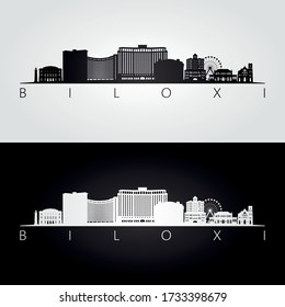 Biloxi, Mississippi skyline and landmarks silhouette, black and white design, vector illustration.  