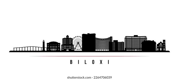 Banner horizontal en el horizonte del horizonte de Biloxi. Silueta blanca y negra de la playa de Biloxi, Misisipi. Plantilla de vectores para su diseño. 