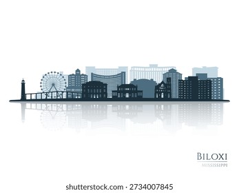 Biloxi skyline silhouette with reflection. Landscape Biloxi, MS. Vector illustration.