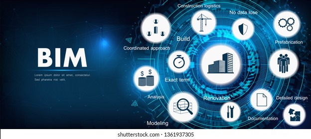 BIM banner - building information modeling. The concept of business. Vector illustration concept with icons and keywords. Bim background