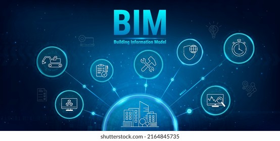 BIM Banner Web-Icon Vektorgrafik Konzept für die Erstellung von Informationen Modellierung. BIM Banner mit Symbolen. Das Unternehmenskonzept. Industriekonstruktion, von Anfang bis Ende. Vektorgrafik