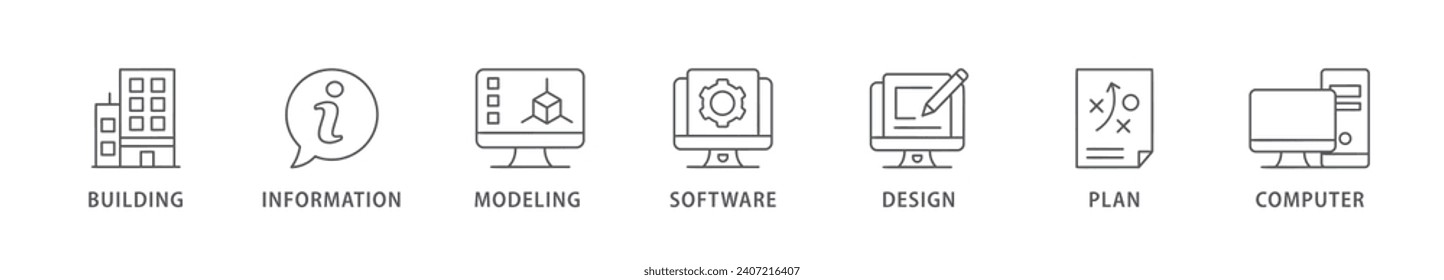 BIM-Banner-Web-Icon Vektorgrafik-Konzept für die Erstellung von Informationsmodellierung mit Symbol für Gebäude, Informationen, Modellierung, Software, Design, Plan und Computer