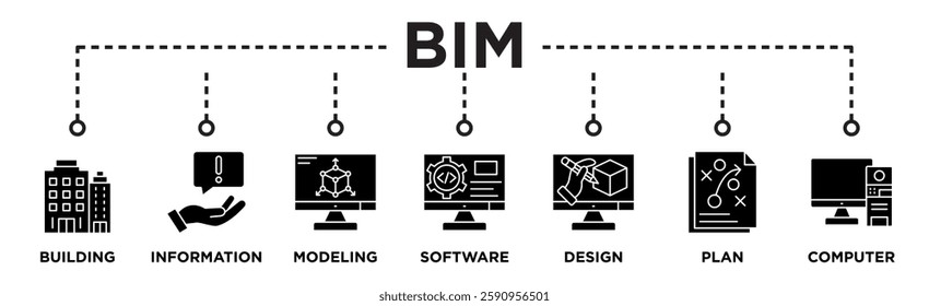 BIM banner web icon vector illustration concept for building information modeling with icon of building, information, modeling, software, design, plan, and computer