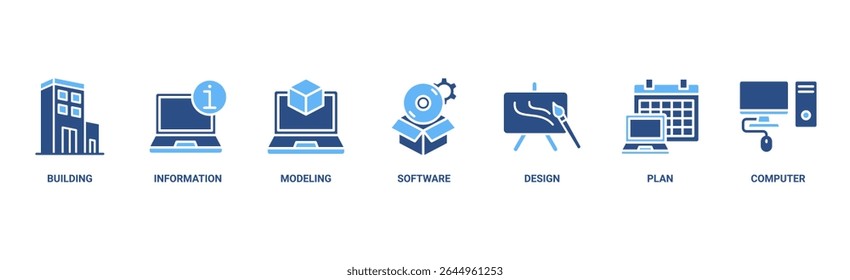 BIM banner web icon vector illustration concept for building information modeling with icon of building, information, modeling, software, design, plan, and computer
