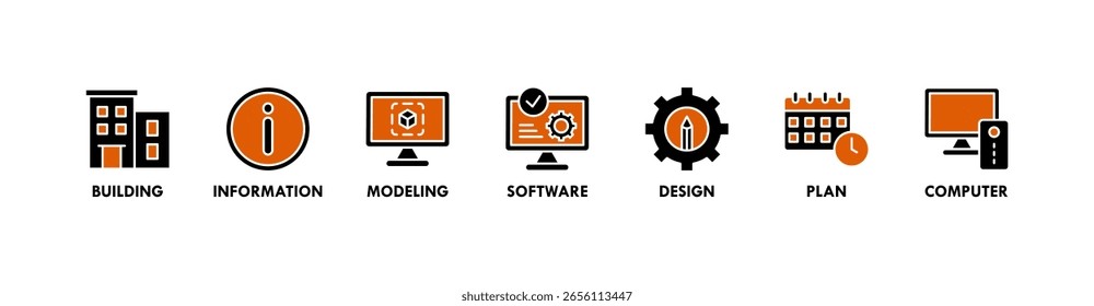 BIM-Banner-Web-Symbol, Vektorgrafik-Konzept für das Erstellen von Informationsmodellierung mit Symbol für Gebäude, Informationen, Modellierung, Software, Design, Plan und Computer