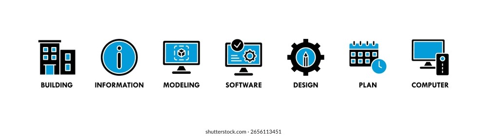 Concepto de Ilustración vectorial de íconos de Web de Anuncio BIM para el modelado de información de construcción con íconos de construcción, información, modelado, software, diseño, Plan y computadora