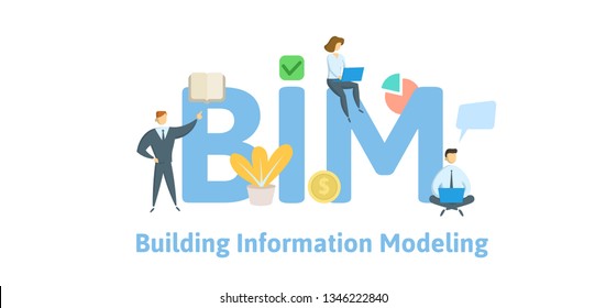 BIM, Building Information Modeling. Concept with keywords, letters and icons. Colored flat vector illustration. Isolated on white background.
