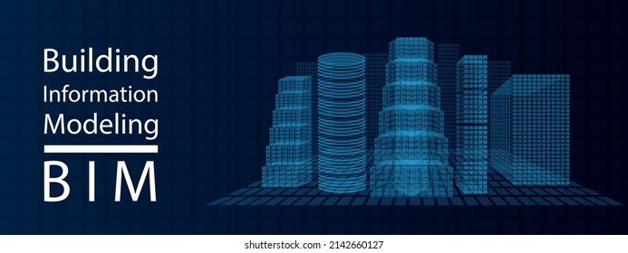 BIM - Erstellung von Informationsmodellen. Das Unternehmenskonzept. Industriekonstruktion, von Anfang bis Ende. Moderne Illustration im futuristischen Stil mit Modelgebäuden und Inschrift BIM. Vektorgrafik