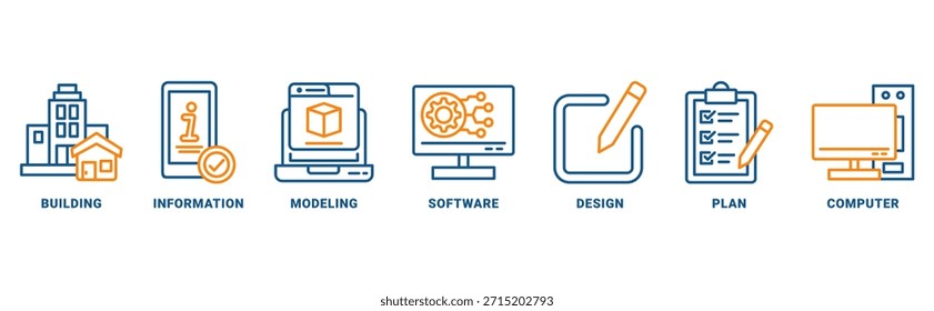 BIM (Building Information Modeling) Icon Set Vektorkonzept mit Icon von Gebäude, Information, Modellierung, Software, Design, Plan, Computer