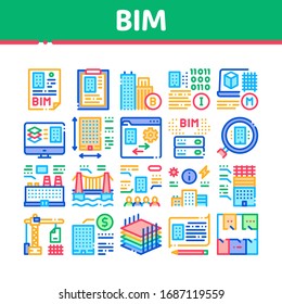 Vector de conjunto de iconos de modelado de información de construcción de Bim. Documento De Construcción Y Planeamiento, Investigación Y Construcción, Puente Y Apartamento Concepto Pictogramas Lineales. Ilustraciones de color
