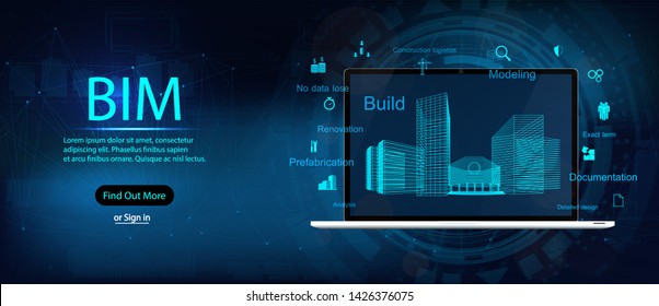 Bim (Building information modeling), Laptop and virtual design with icons and keywords BIM. Vector illustration