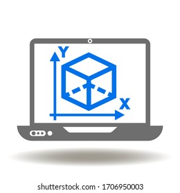 BIM Building Information Modeling Logo. Laptop Computer Graph Coordinate Cube Facility Icon Vector. Construction Architecture Designing 3D Digital Model Illustration.