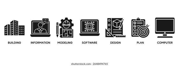 El concepto de Ilustración vectorial del conjunto de iconos BIM se relaciona con el modelado de información de construcción con el icono de construcción, información, modelado, software, diseño, Plan y computadora