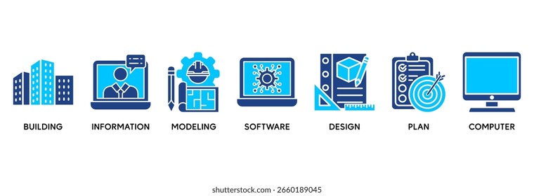 BIM icon set vector illustration concept relate to building information modeling with icon of building, information, modeling, software, design, plan, and computer
