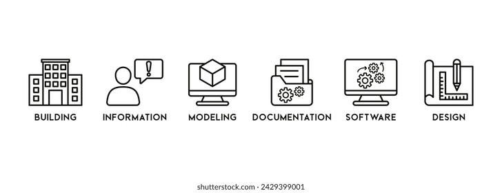 Icono de BIM - ilustración vectorial. construcción, información, modelado, software, diseño, plan, documentación, infografía, plantilla, presentación, concepto, banner, pictograma, conjunto de iconos, iconos
