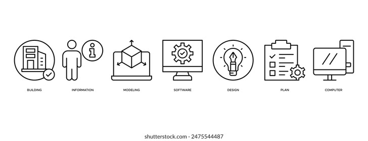 Ilustración vectorial de iconos BIM. construcción, información, modelado, software, diseño, Plan, documentación, infografía, Plantilla, presentación, concepto, Anuncio, pictograma, conjunto de iconos, iconos