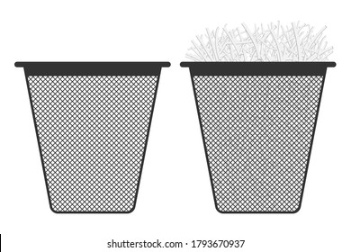 Bin can empty and with shredded paper vector illustration isolated on background.