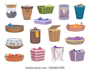 Bin for clothes. Baskets for laundry room dirty clothes exact vector pictures in colored style