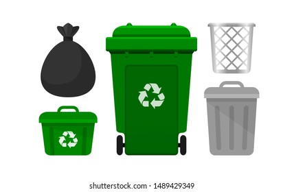 bin collection, green recycle bin and plastic bags waste isolated on white background, bins with recycle waste symbol, front view set of the bins and bag plastic for garbage waste, 3r trash