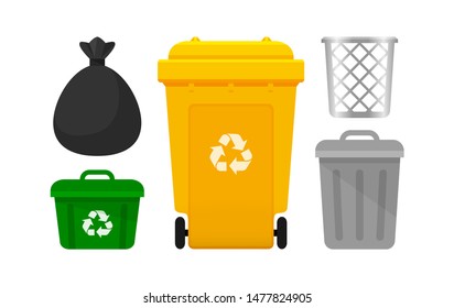 Bin Collection vector, Yellow Recycle Bin and Plastic Bags Waste isolated on white Background, Bins with Recycle Waste Symbol, Front view set of the Bins and Bag Plastic for Garbage waste, 3r Trash