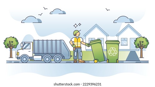 Bin collector occupation and garbage container emptying task outline concept. Work with urban dump vehicle and disposal service vector illustration. Trash sanitation profession and dirty dumpster job.