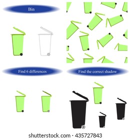 Bin.  Coloring book, find differences for children. Vector illustration