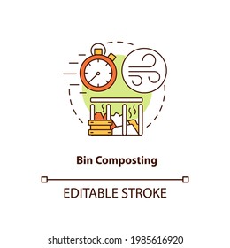 Bin composting concept icon. Composting method idea thin line illustration. Placing organic waste into container. Speeding up decomposition. Vector isolated outline RGB color drawing. Editable stroke