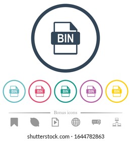 Bin file format flat color icons in round outlines. 6 bonus icons included.
