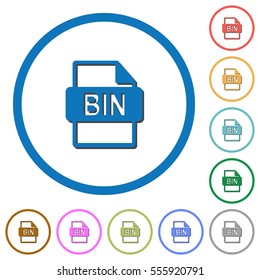 Bin file format flat color vector icons with shadows in round outlines on white background