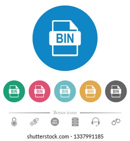 Bin file format flat white icons on round color backgrounds. 6 bonus icons included.