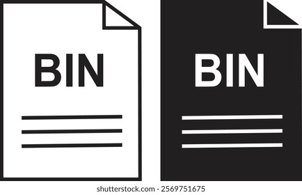 BIN file icon set. BIN file type symbol. File BIN format icon in black filled and outlined style isolated on transparent background. Ideal for technology or data related content, vector illustration.