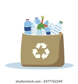 A bin filled with recyclable plastic bottles, illustration style, on a white background. Concept of recycling. Vector illustration