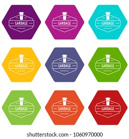 Bin garbage icons 9 set coloful isolated on white for web