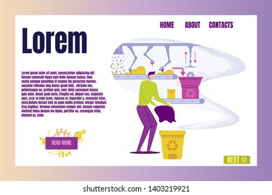 Bin with Garbage, Janitor Throwing Rubbish Vector Illustration. Factory for Waste Disposal Banner. Machine or Conveyor with Grippers Carrying Garbage in Landfill. Sorting Rubbish Web Design.