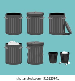 Bin icon. Collection. Vector illustration EPS 10. Isolated on a blue background.
