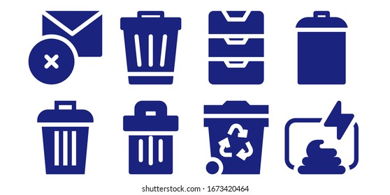 bin icon set. 8 filled bin icons. Included Trash, Delete, Inbox, Compost, Garbage icons