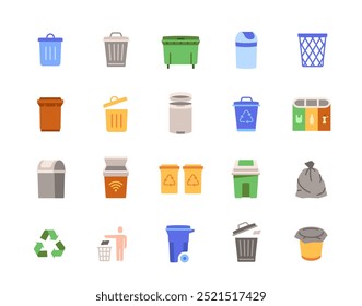 Bin icon set. Colorful signs with wastebasket, trash can or delete button. Garbage container. Design element for app or website. Flat vector illustration collection isolated on white background