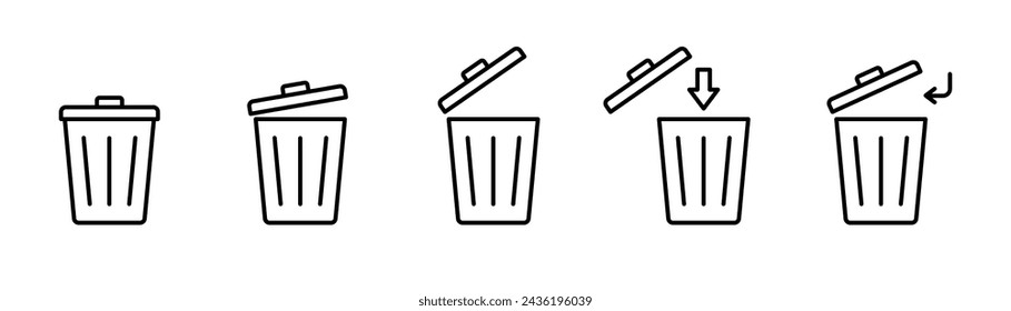 Conjunto de iconos Bin. Basura, basura, recolección de íconos de basura. Iconos de esquema vectorial de símbolos de cubo