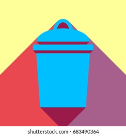 Bin icon. Vector. Deep sky blue icon with two flat violet and raspberry semitransparent shadows on canary background.