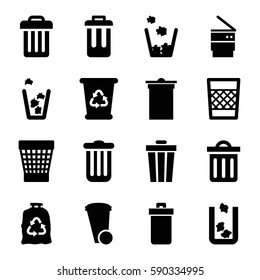 bin icons set. Set of 16 bin filled icons such as 