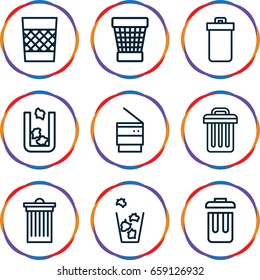 Bin icons set. set of 9 bin outline icons such as