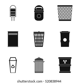Bin icons set. Simple illustration of 9 bin vector icons for web