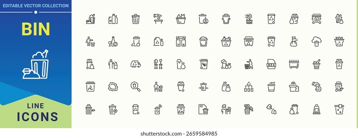 Conjunto de iconos de línea de papelera. Contiene desechos de polvo, medio ambiente, basura, vertederos, basura y más. Desperdicio de conjunto de iconos modernos. Iconos de estilo de línea delgada moderna. Arte vectorial editable.